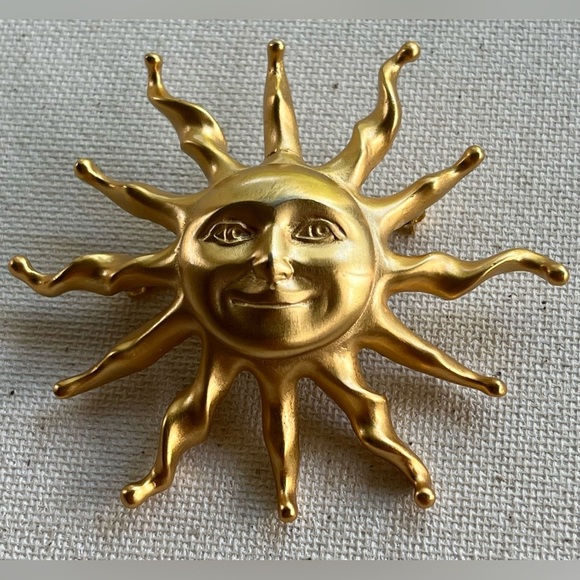 Vintage Gold Sun Face Brooch – 2.75” Statement Pin - Picture 1 of 3